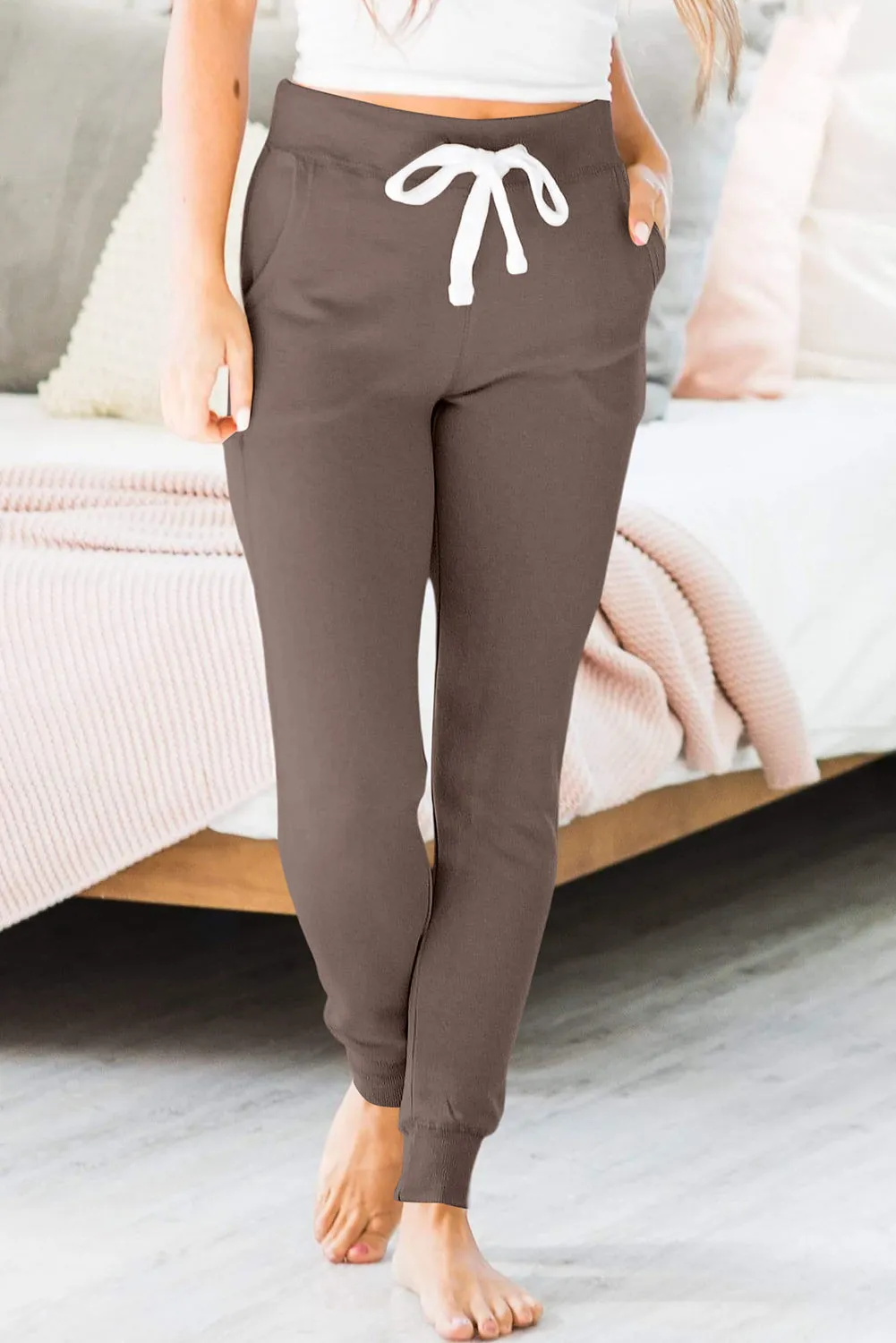 Dark Brown Drawstring Waist Pocketed Joggers