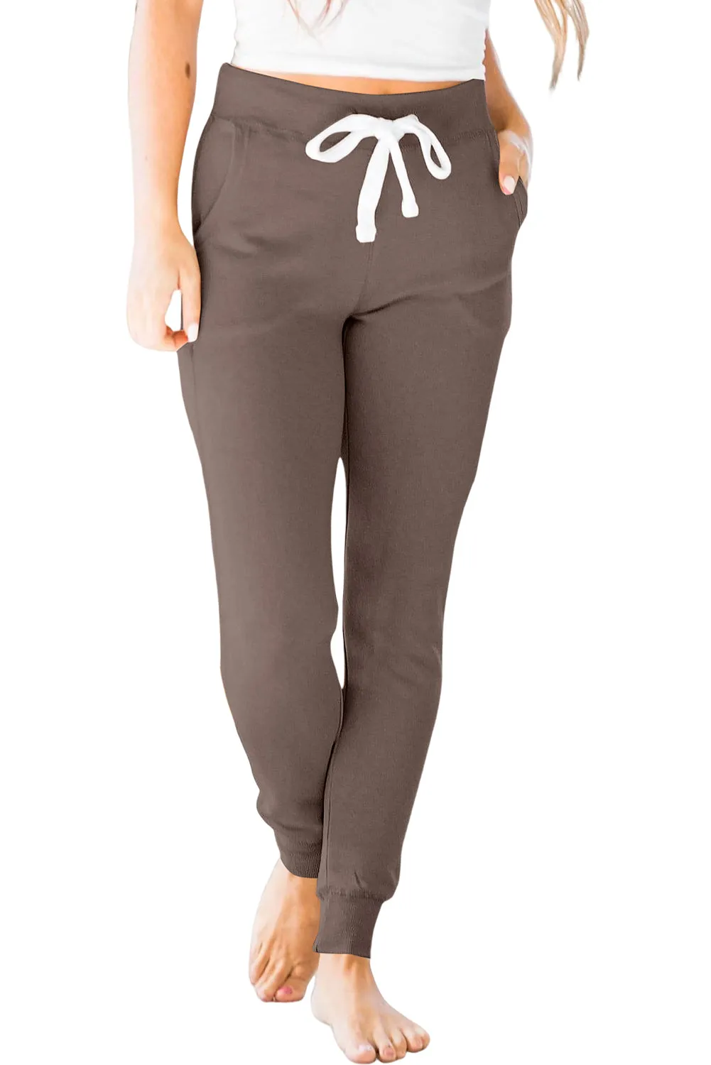 Dark Brown Drawstring Waist Pocketed Joggers