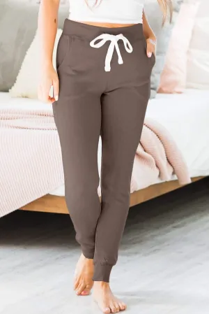 Dark Brown Drawstring Waist Pocketed Joggers