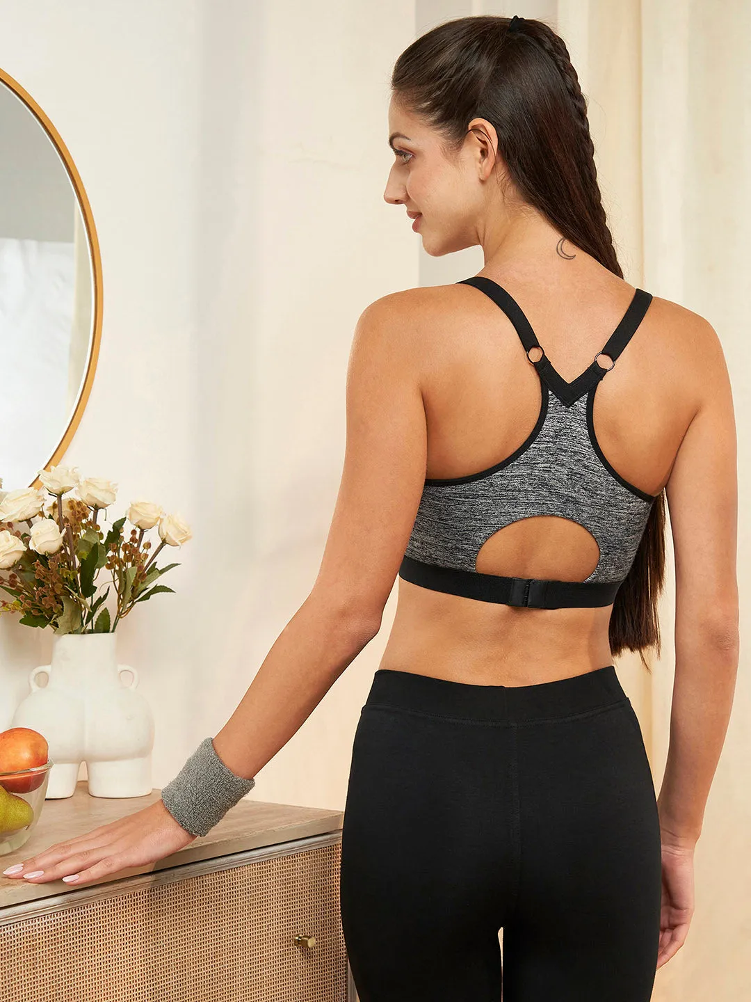 Dark Grey Melange Full Coverage Non-Wired Sport Bra for Women