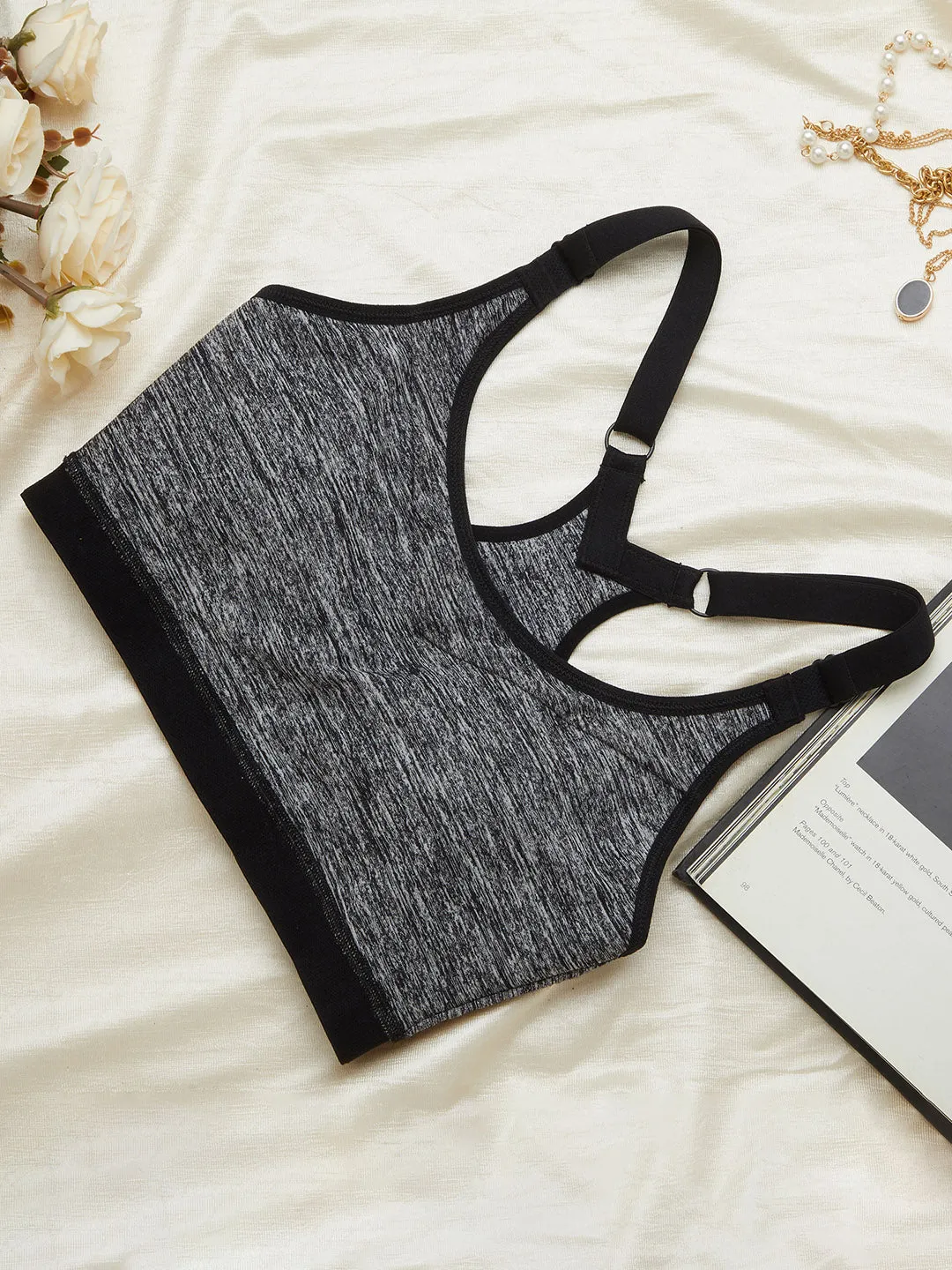 Dark Grey Melange Full Coverage Non-Wired Sport Bra for Women
