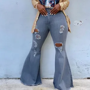 Denim Pocket Design Cutout Flared Jeans