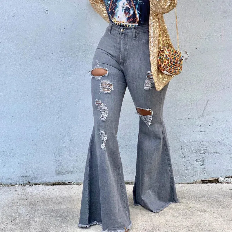 Denim Pocket Design Cutout Flared Jeans