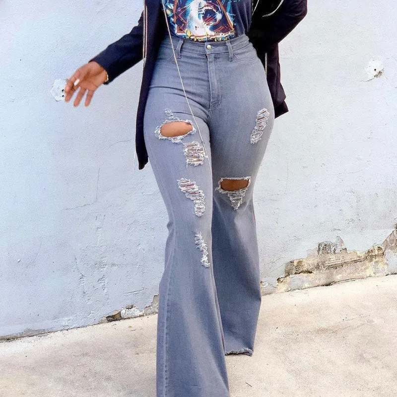 Denim Pocket Design Cutout Flared Jeans