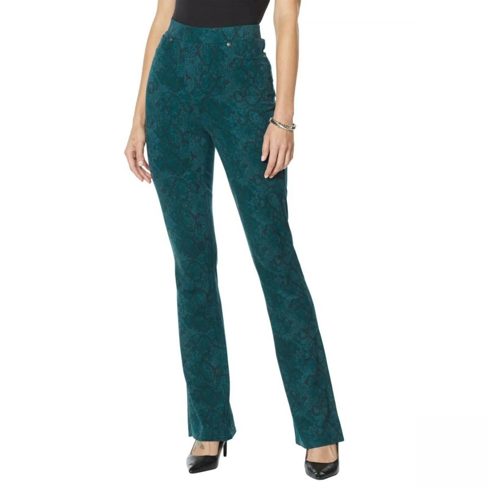 DG2 by Diane Gilman Pull On Stretch Ponte Boot Cut Pants Green Snake XS