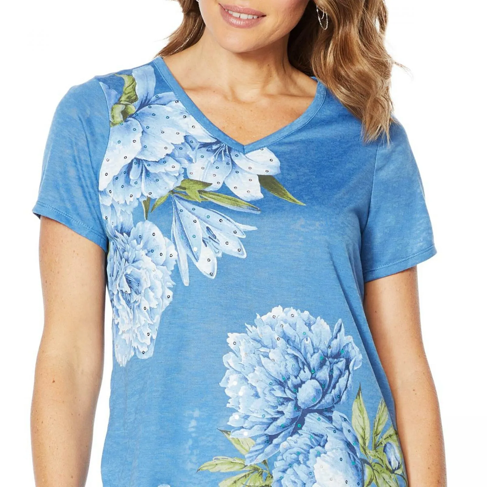 DG2 by Diane Gilman Women's Plus Hi Low Floral Burnout T-Shirt Blue 3X