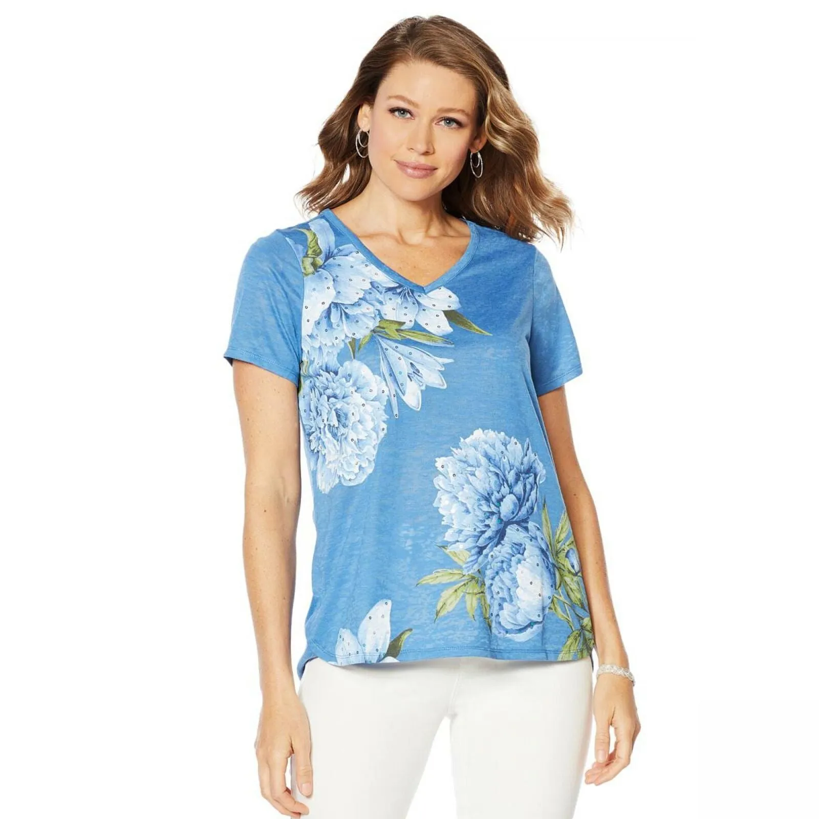 DG2 by Diane Gilman Women's Plus Hi Low Floral Burnout T-Shirt Blue 3X