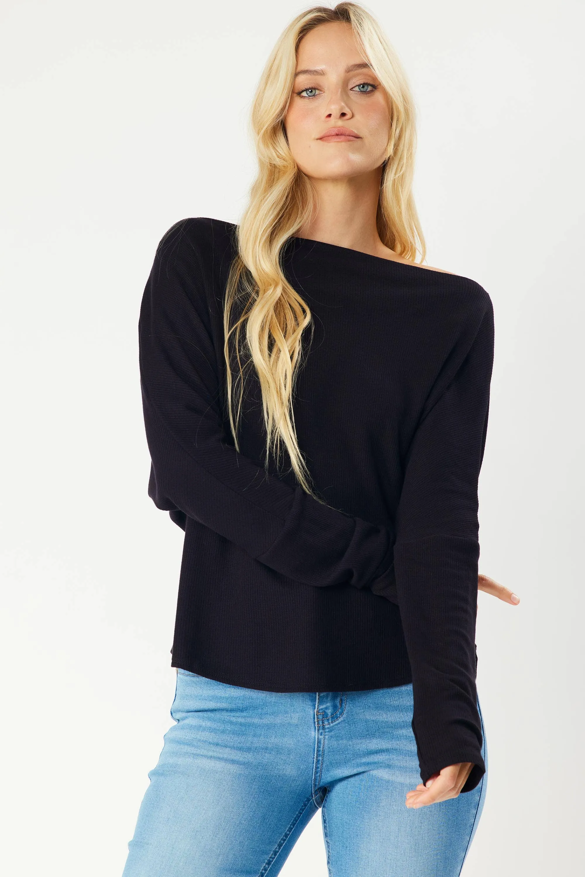 Dropped Shoulder Thermal Top | Black