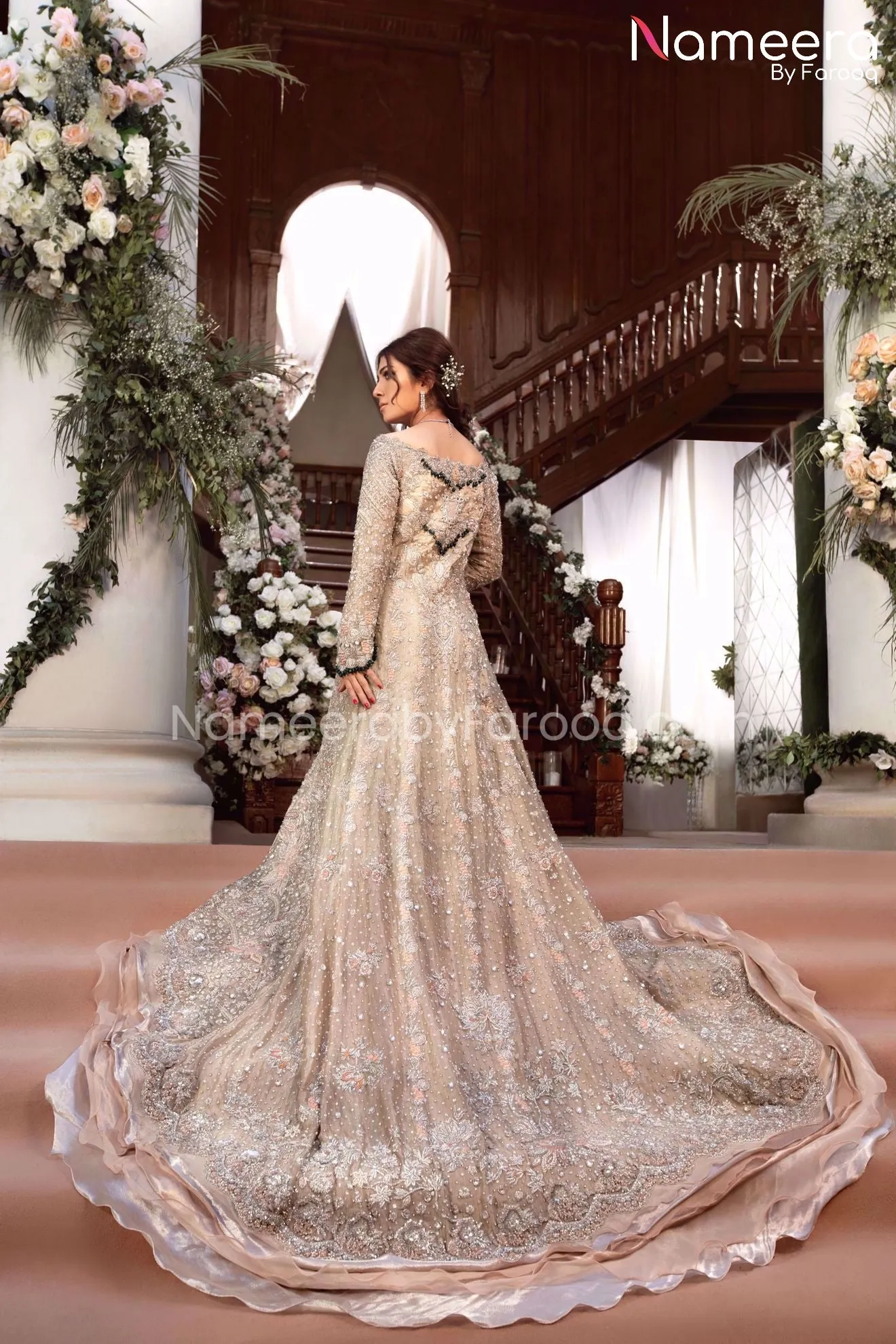 Elegant Silver Maxi Pakistani Long Bridal Dress #BS116