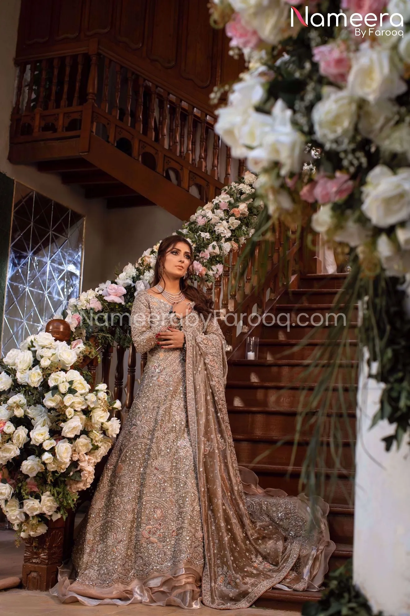 Elegant Silver Maxi Pakistani Long Bridal Dress #BS116