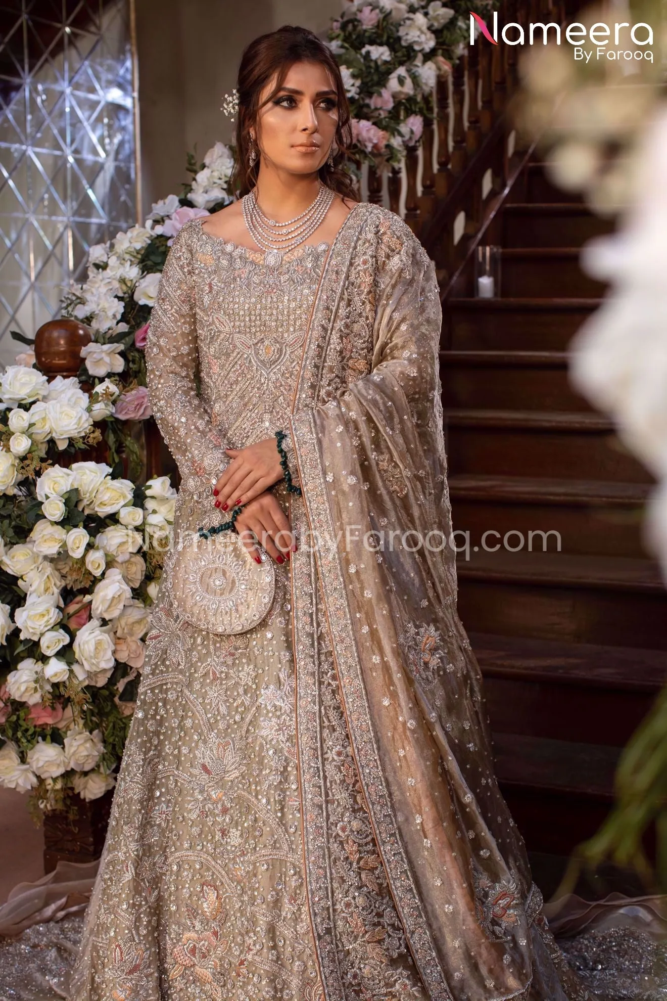 Elegant Silver Maxi Pakistani Long Bridal Dress #BS116