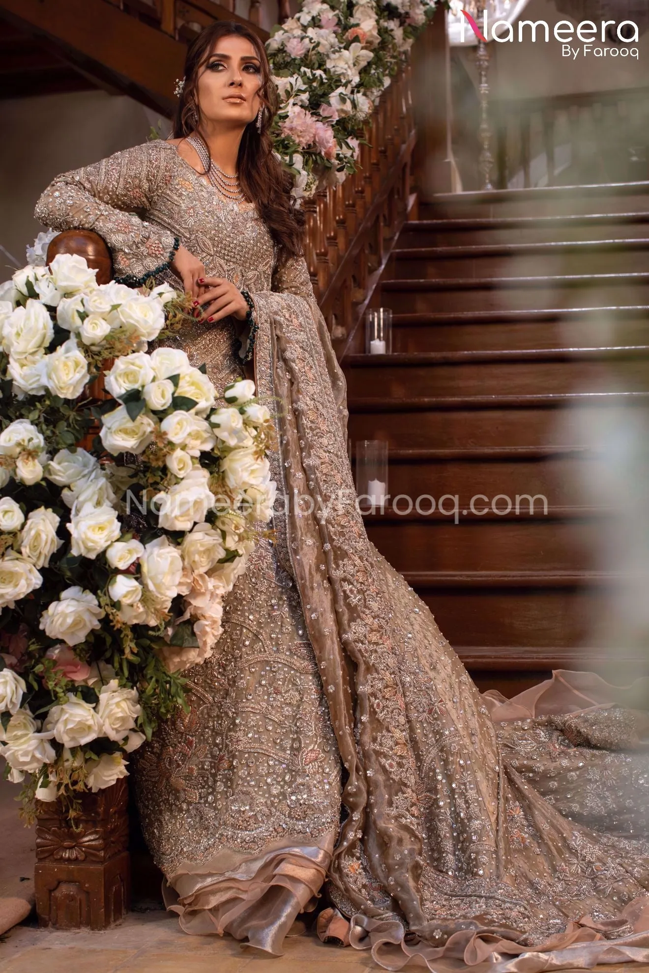 Elegant Silver Maxi Pakistani Long Bridal Dress #BS116