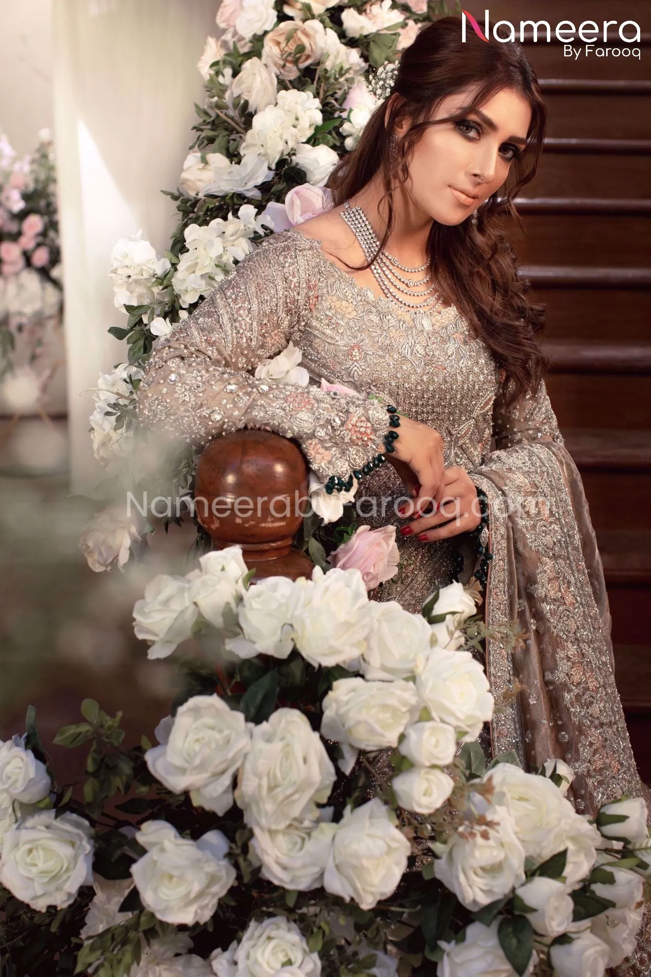 Elegant Silver Maxi Pakistani Long Bridal Dress #BS116