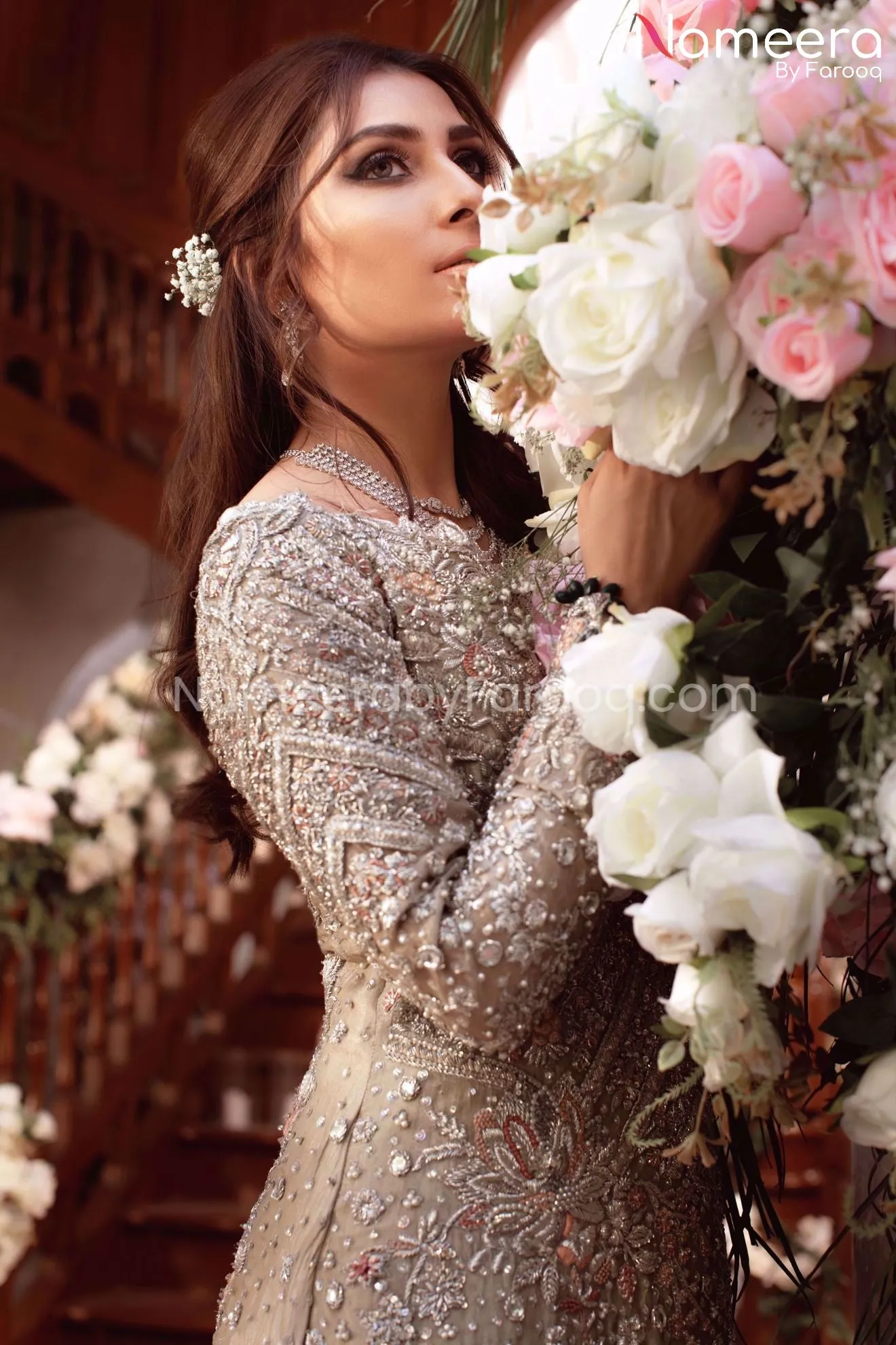 Elegant Silver Maxi Pakistani Long Bridal Dress #BS116