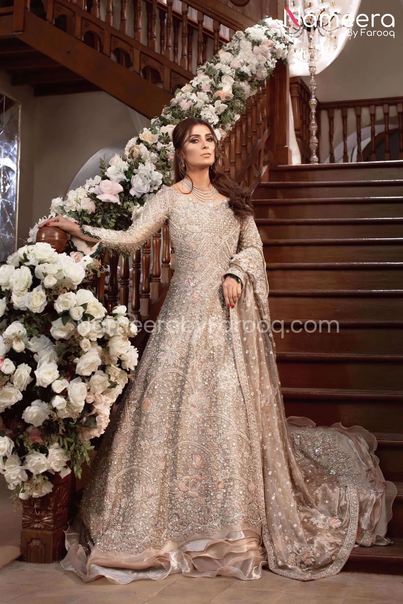 Elegant Silver Maxi Pakistani Long Bridal Dress #BS116