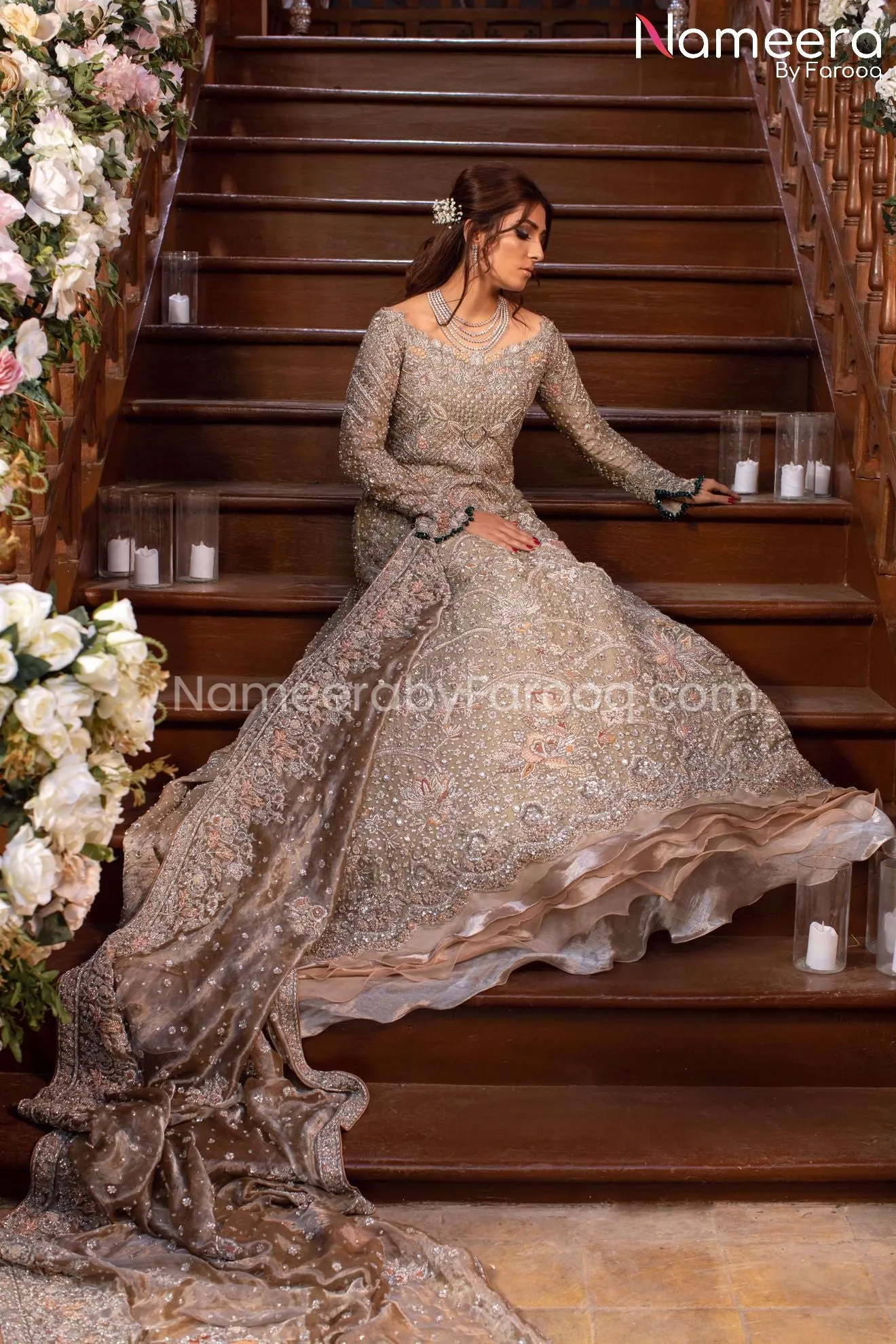 Elegant Silver Maxi Pakistani Long Bridal Dress #BS116