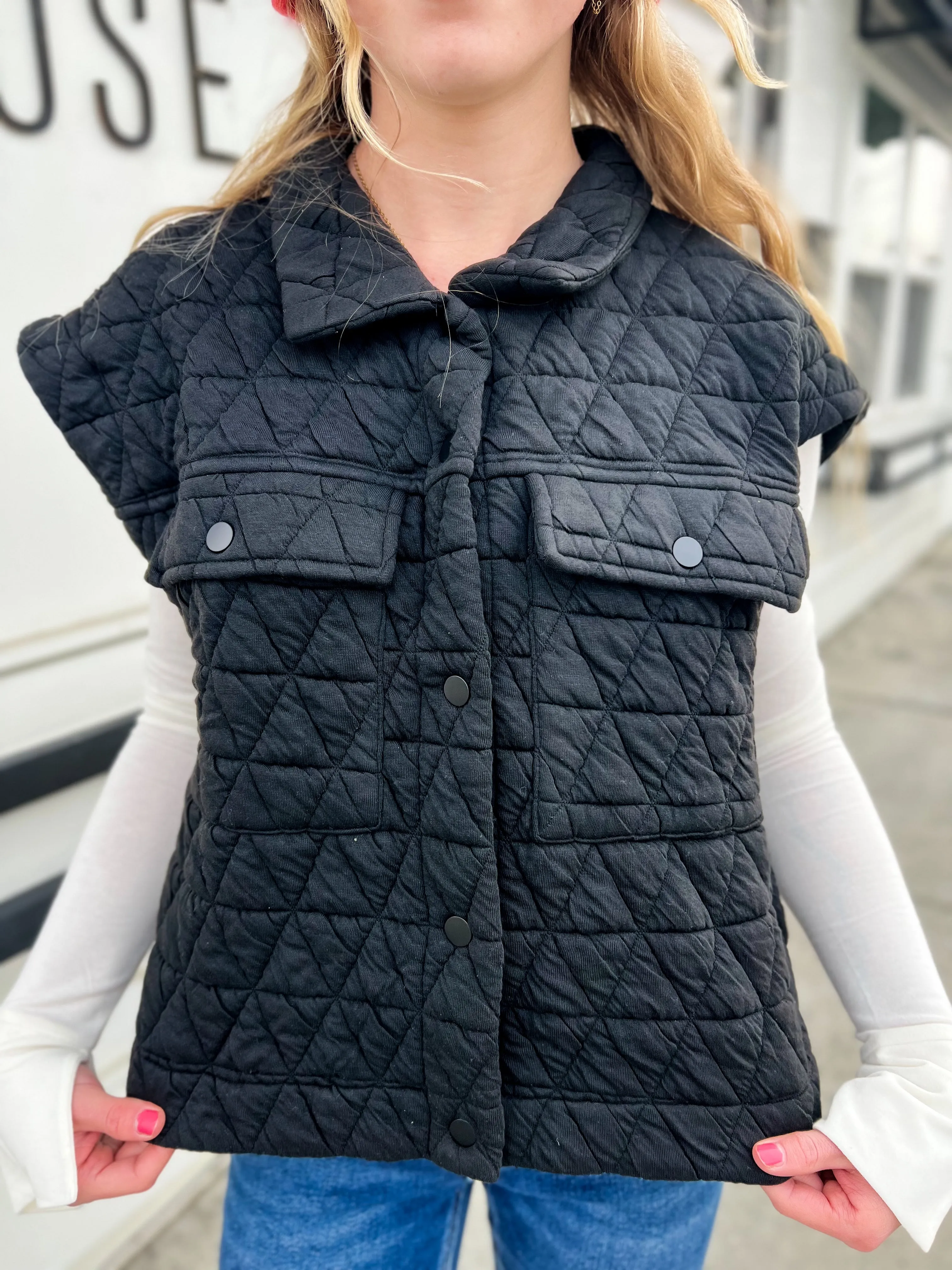 Ella Quilted Patch Pocket Vest- BLK