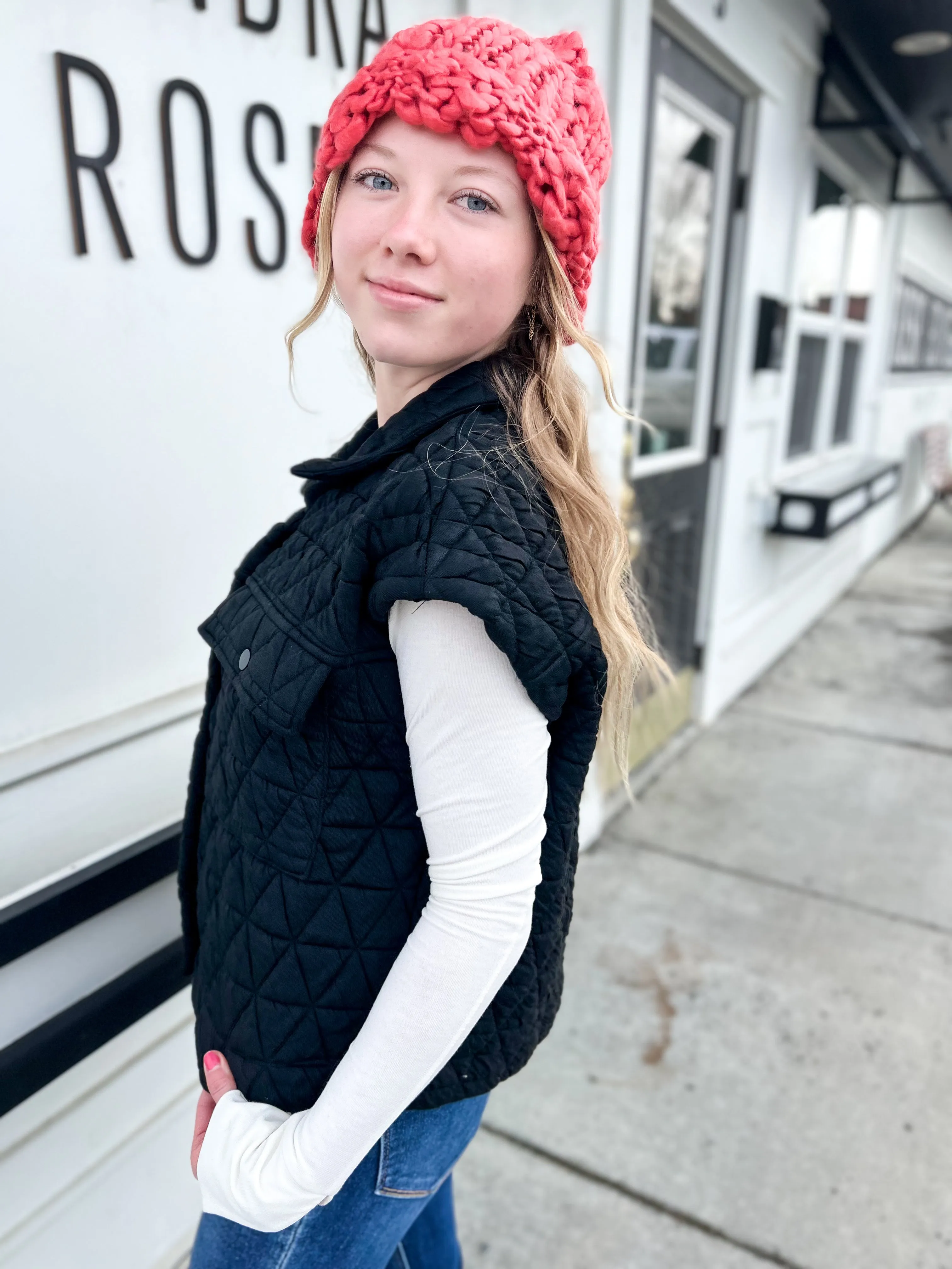 Ella Quilted Patch Pocket Vest- BLK