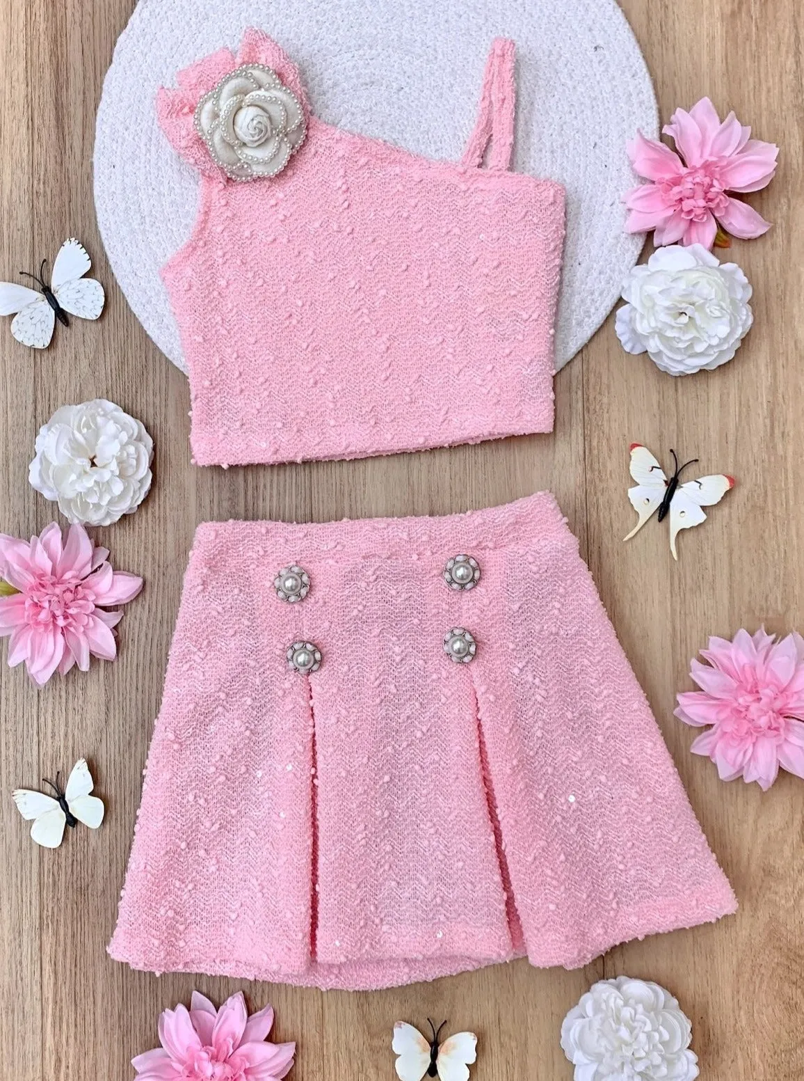 Fancy Flower Pink Matching Top and Skirt Set