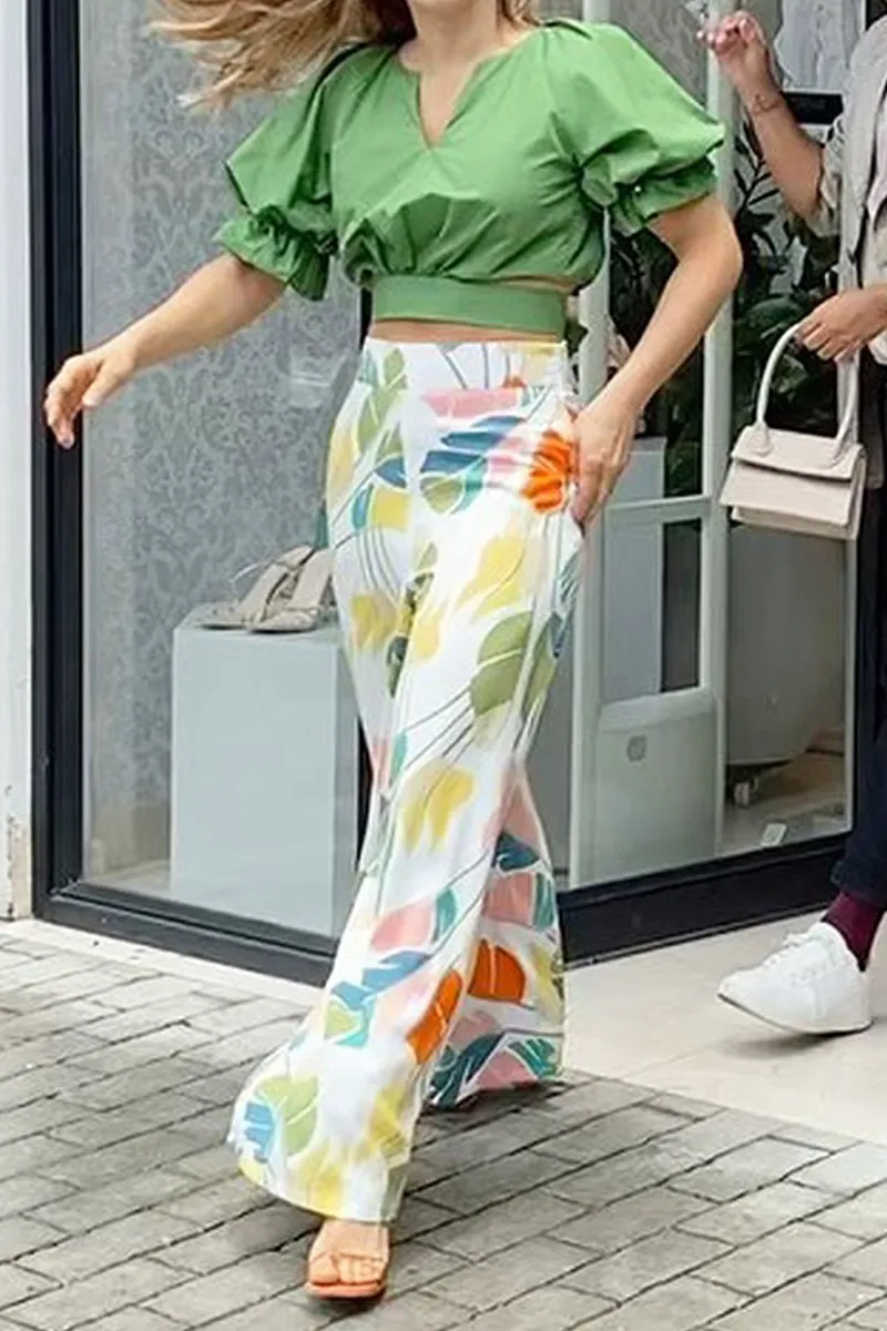Fashion Print Patchwork Turndown Collar Short Sleeve Two Pieces