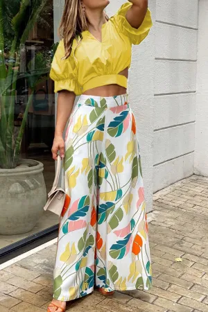 Fashion Print Patchwork Turndown Collar Short Sleeve Two Pieces