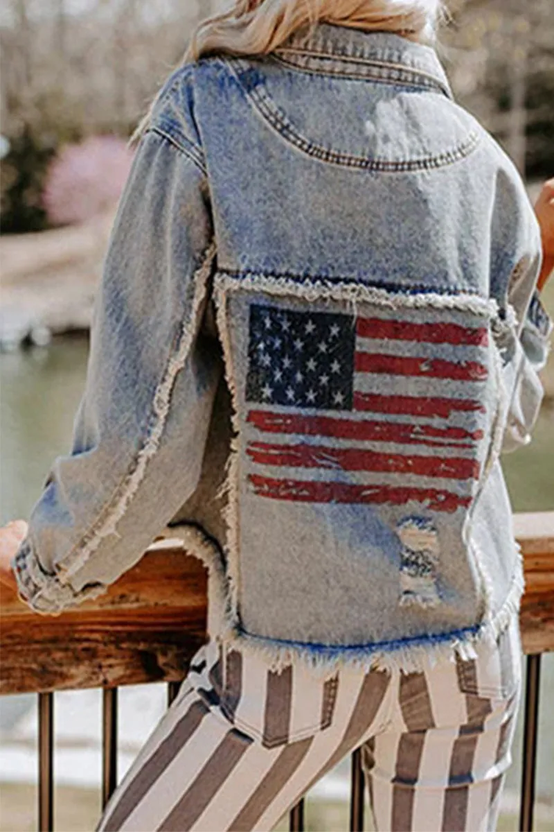 Fashion Simplicity American Flag Printing Turndown Collar Outerwear