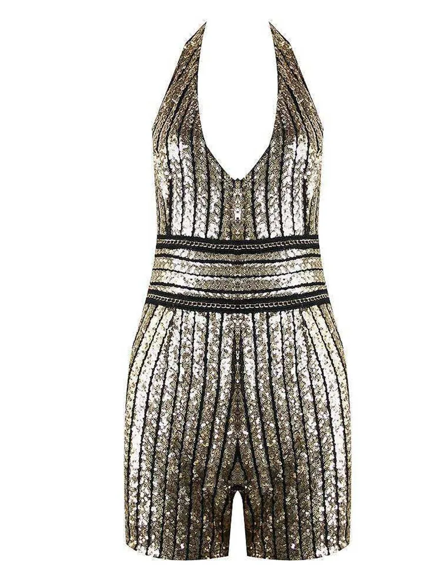 Fashion V-Neck Belted Waist Sequin Jumpsuit
