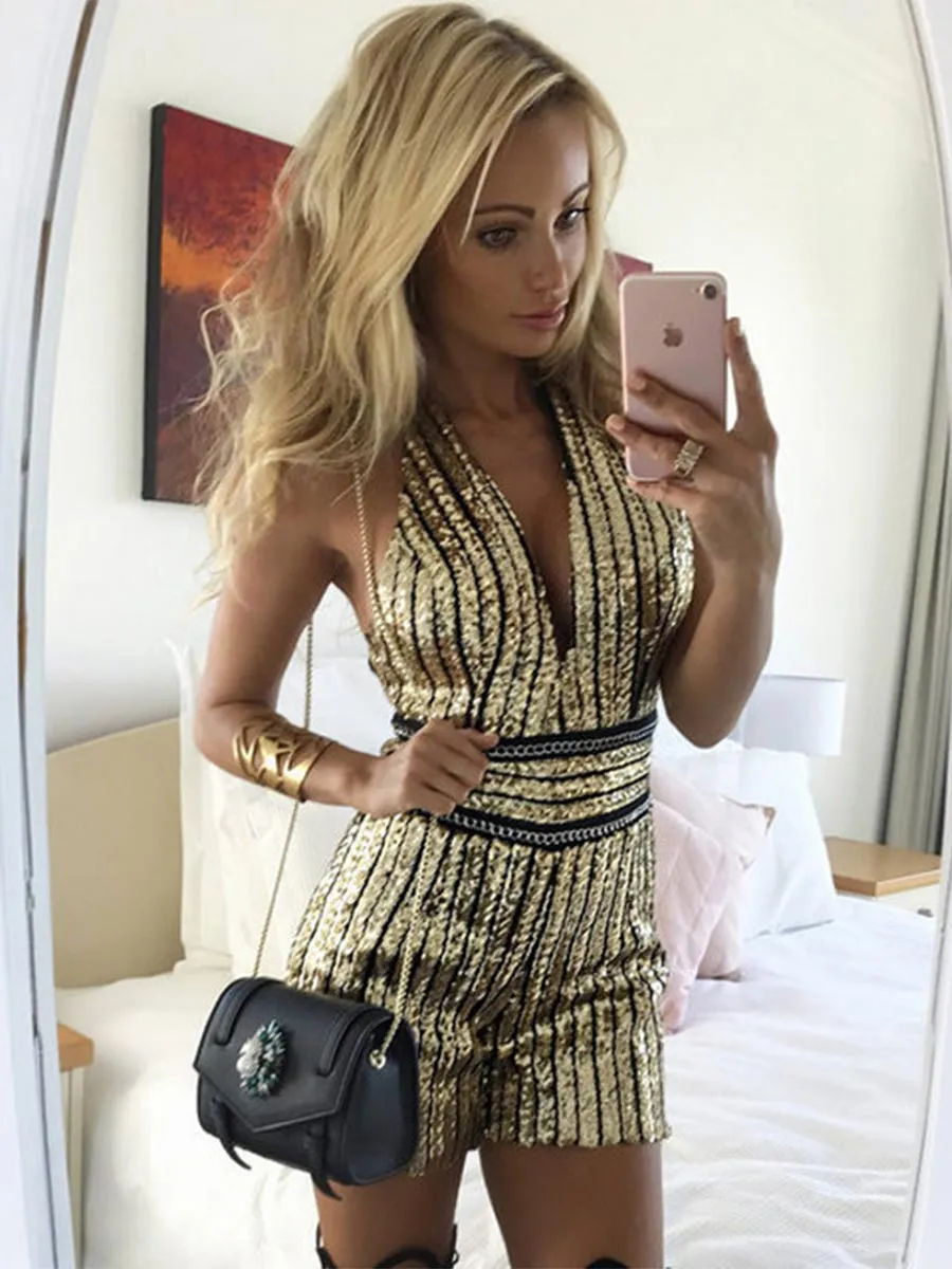 Fashion V-Neck Belted Waist Sequin Jumpsuit
