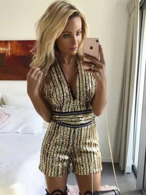 Fashion V-Neck Belted Waist Sequin Jumpsuit