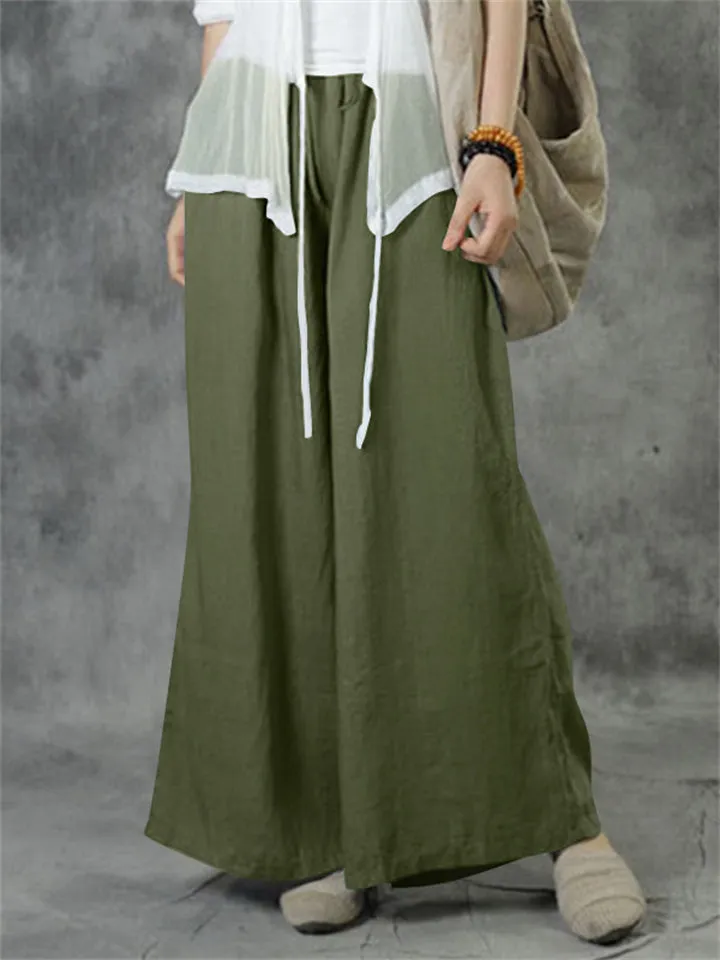 Female Casual Super Soft Cotton Linen Drawstring Wide Leg Pants