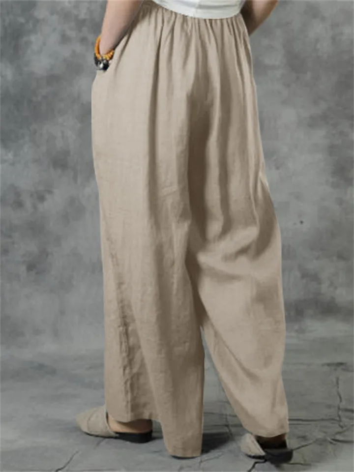 Female Casual Super Soft Cotton Linen Drawstring Wide Leg Pants