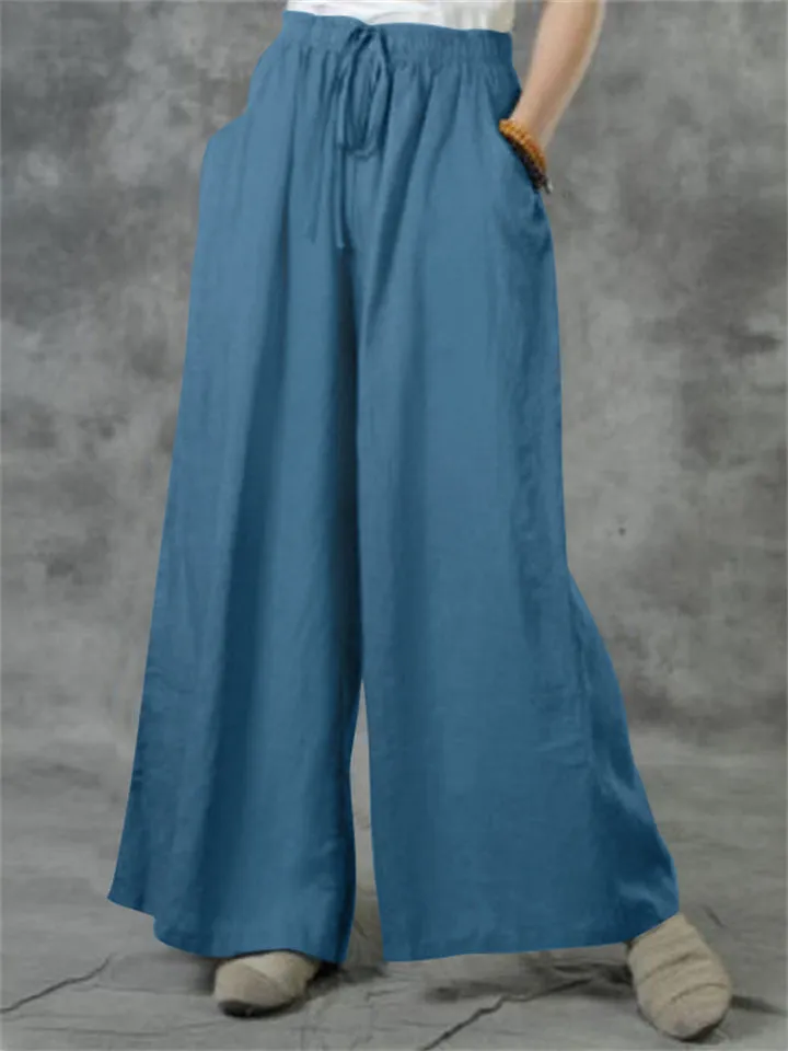 Female Casual Super Soft Cotton Linen Drawstring Wide Leg Pants