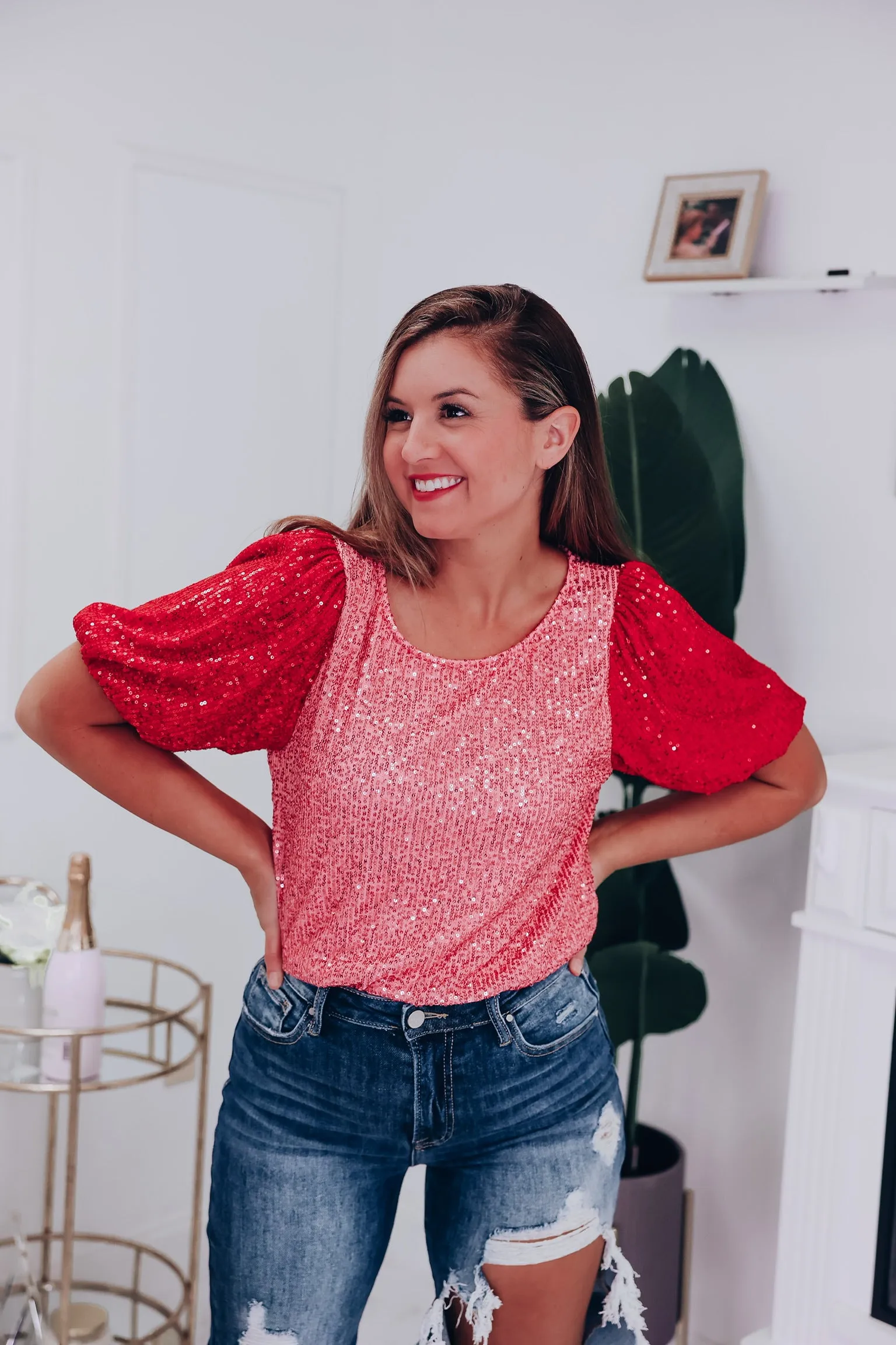 Festive Sparkle Sequin Puff Sleeve Top - Pink/Red