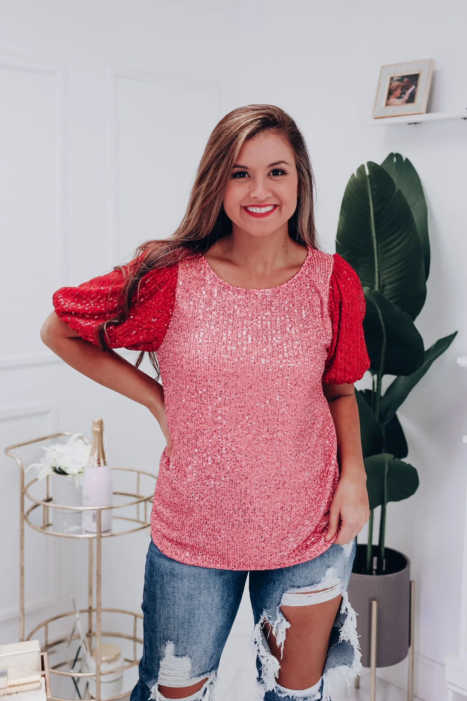 Festive Sparkle Sequin Puff Sleeve Top - Pink/Red