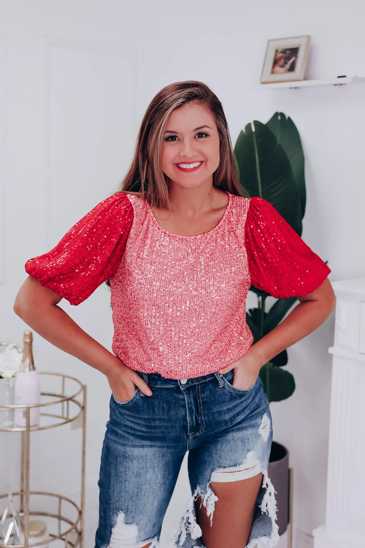 Festive Sparkle Sequin Puff Sleeve Top - Pink/Red