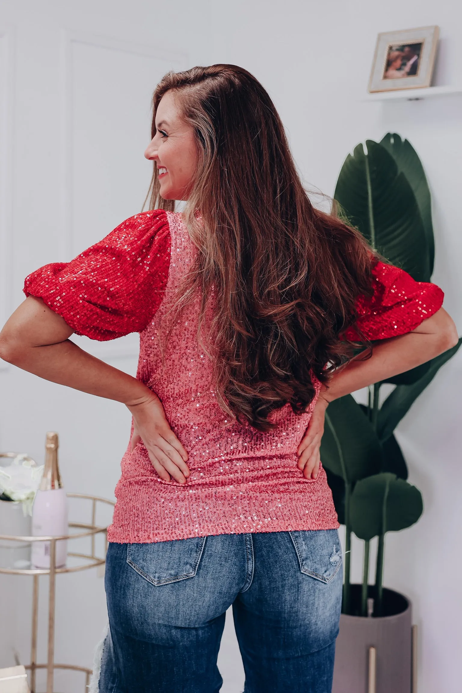 Festive Sparkle Sequin Puff Sleeve Top - Pink/Red