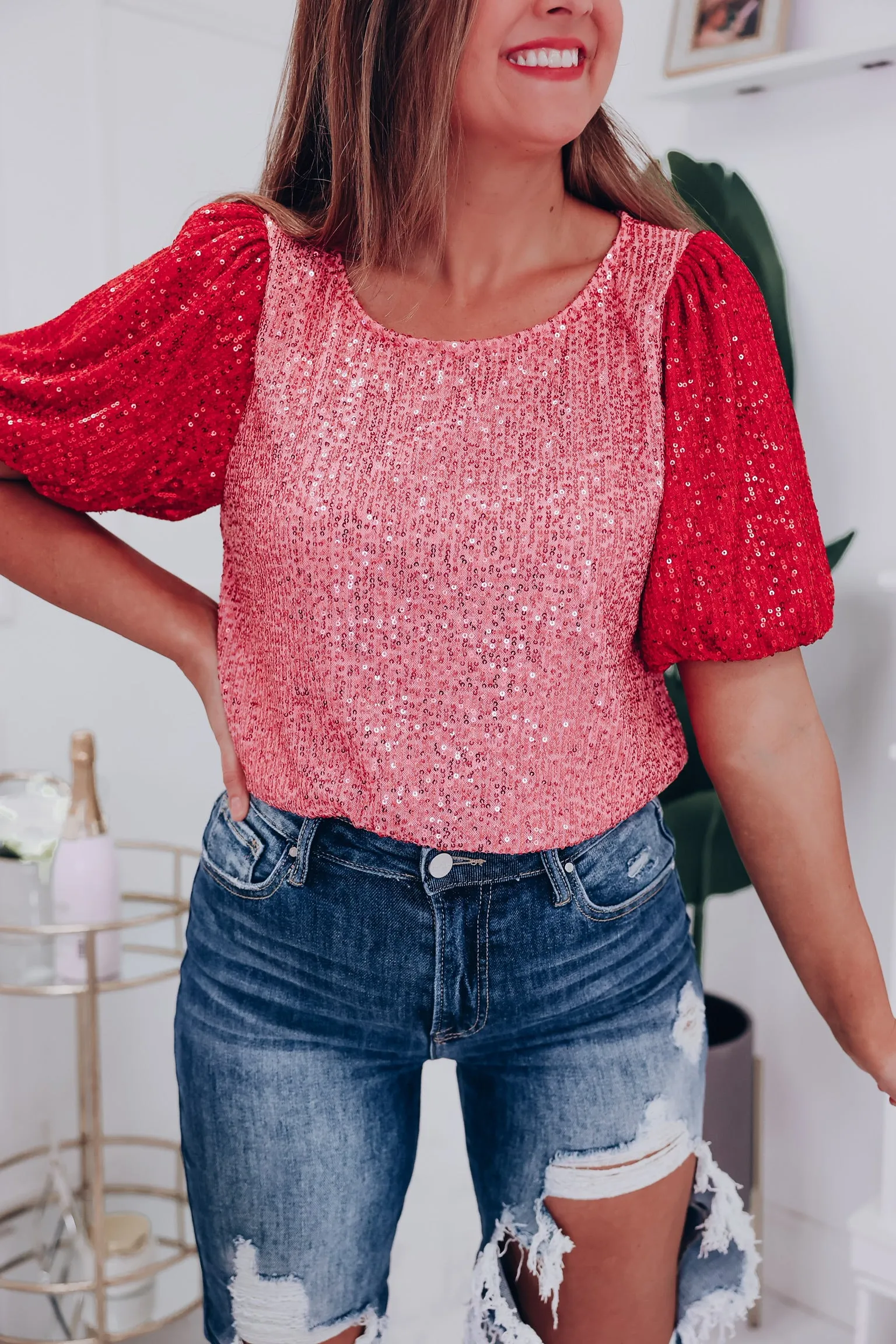 Festive Sparkle Sequin Puff Sleeve Top - Pink/Red