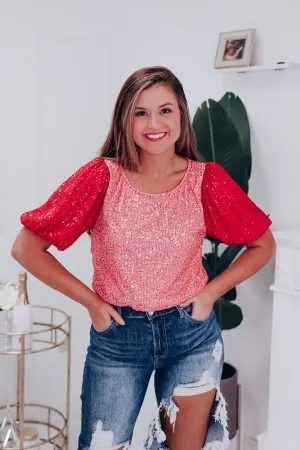 Festive Sparkle Sequin Puff Sleeve Top - Pink/Red