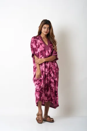 FLORAL KAFTAN WITH GEOMETRIC COLLAR - PURPLE