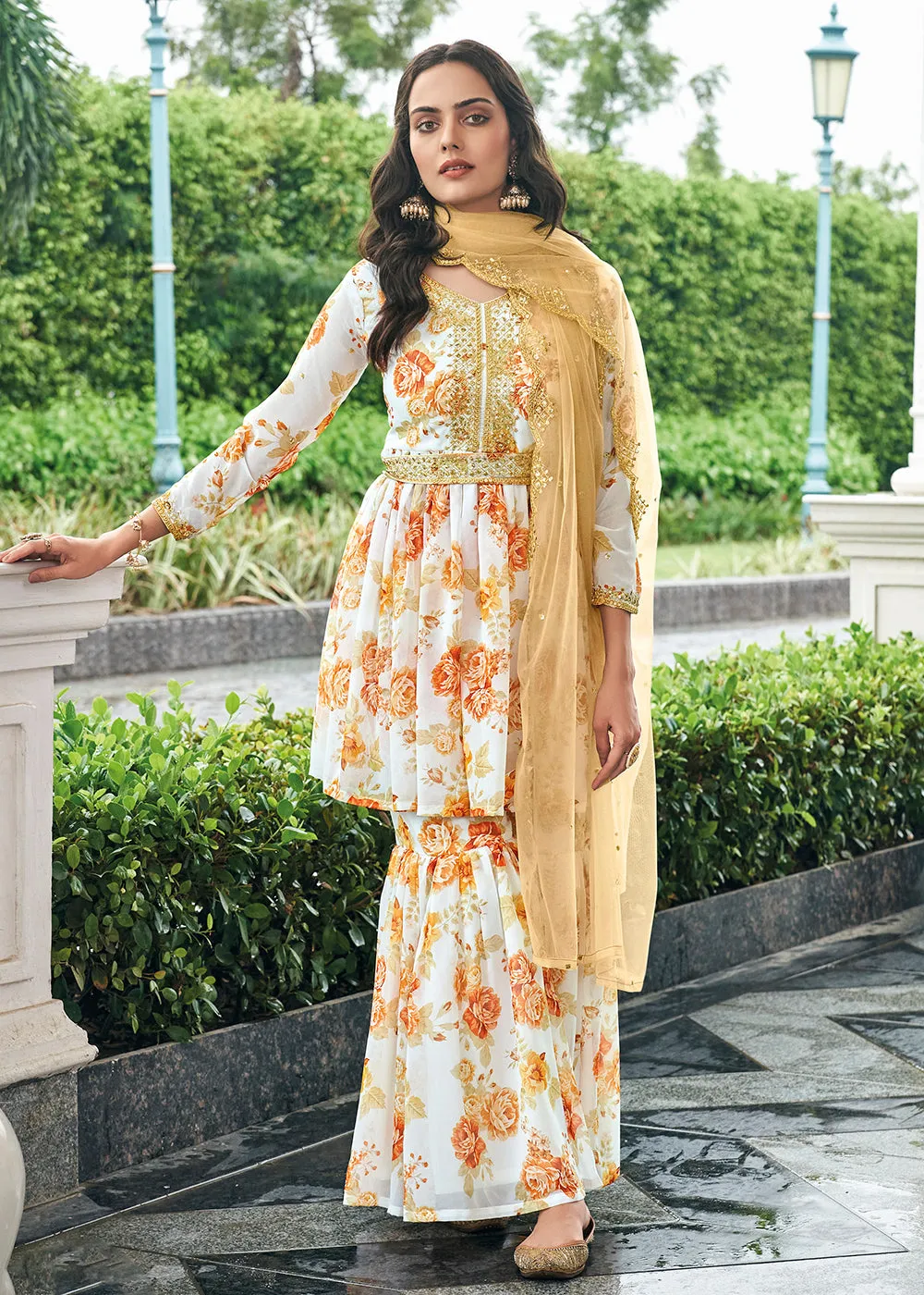 Floral Printed Amazing White Trendy Sharara Style Suit