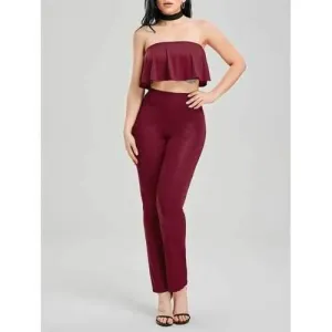 Flounce Tube Top High Waist Pants - Red S