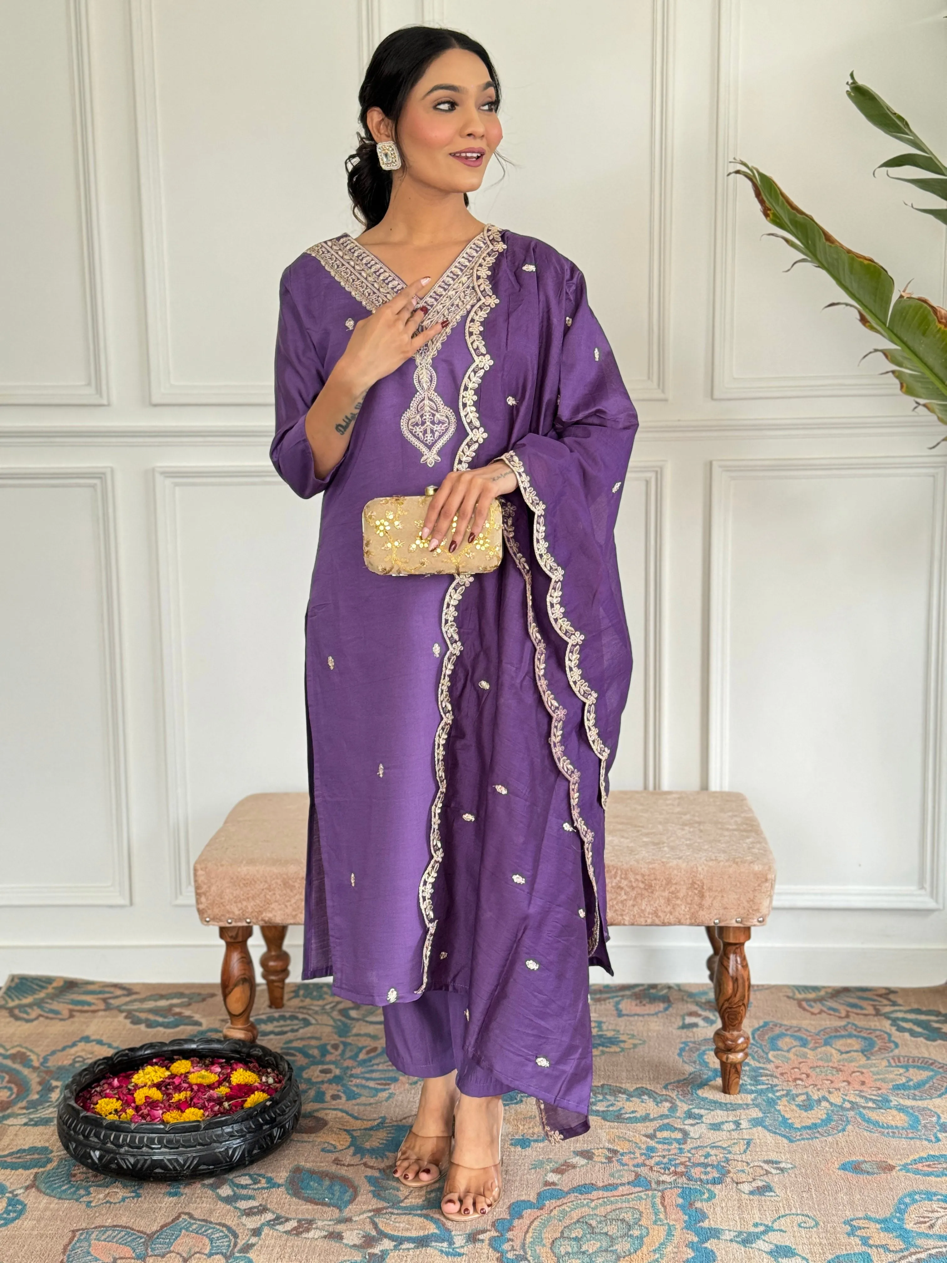 FRILLFIT : Regal Purple Embroidered Kurta Set with Dupatta – Elegant Ethnic Wear for Women