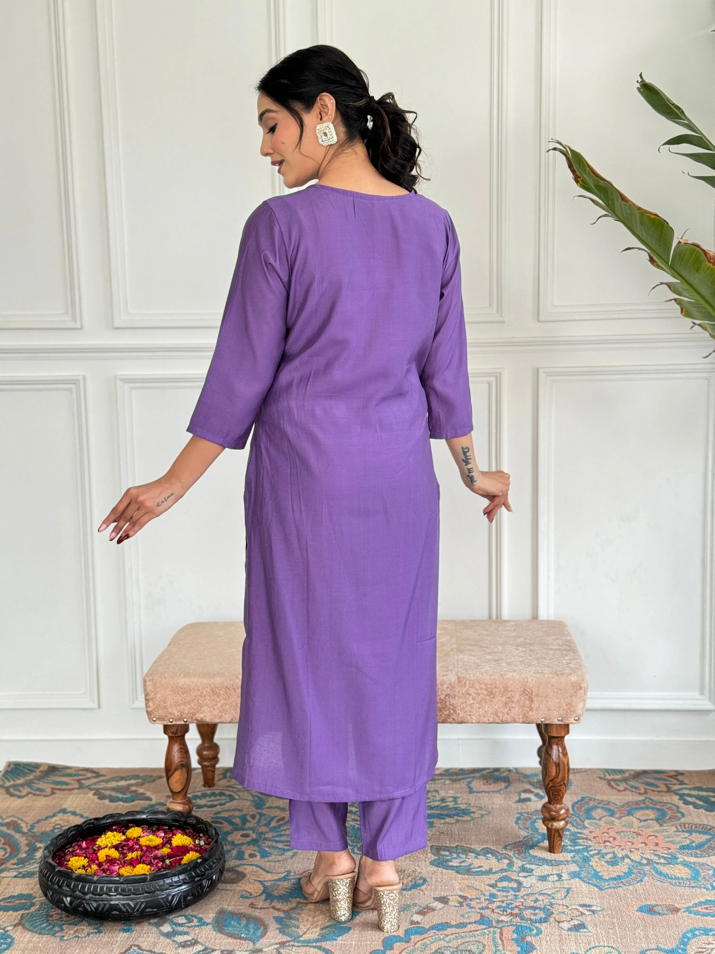 FRILLFIT : Regal Purple Embroidered Kurta Set with Dupatta – Elegant Ethnic Wear for Women
