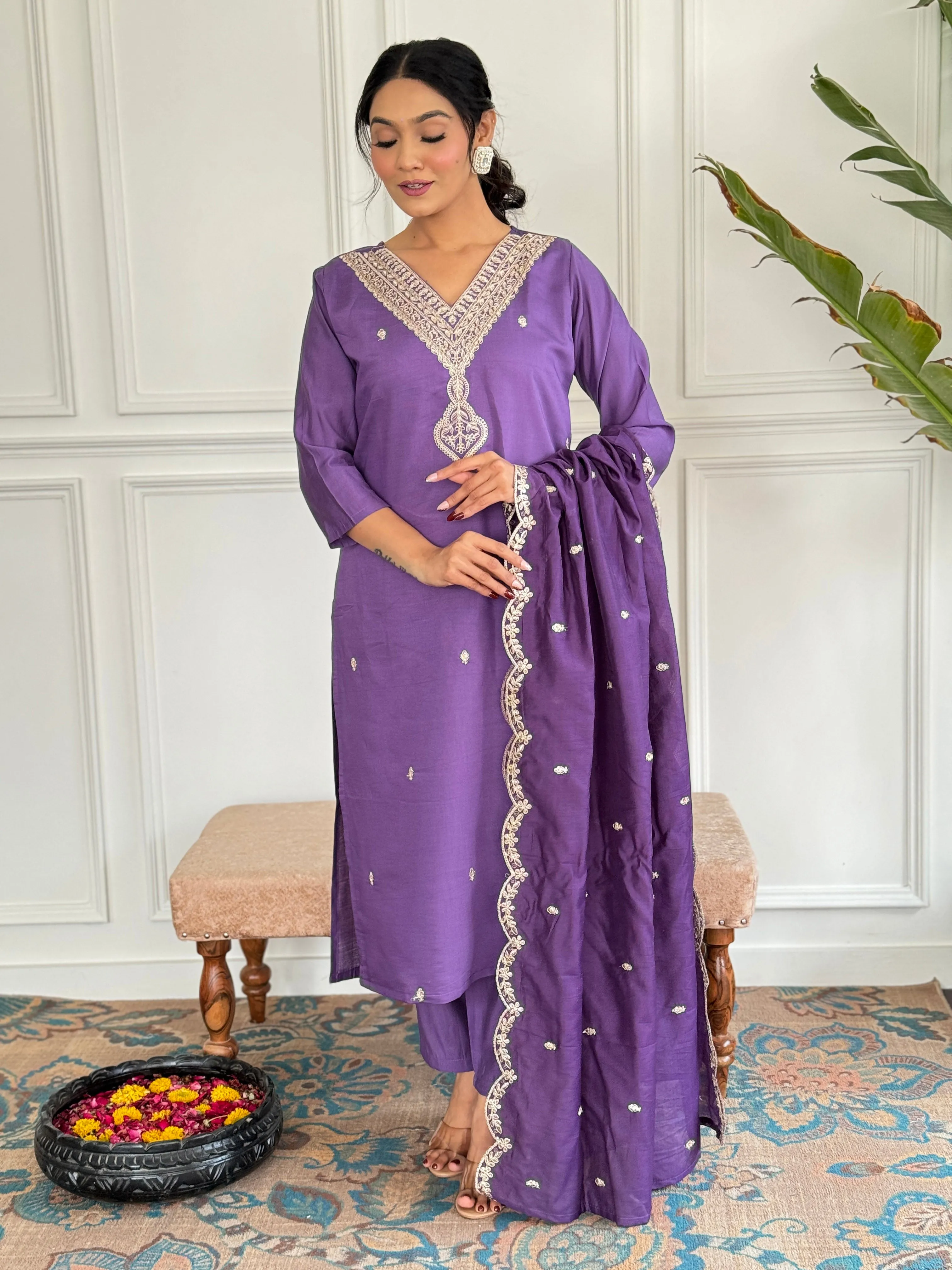 FRILLFIT : Regal Purple Embroidered Kurta Set with Dupatta – Elegant Ethnic Wear for Women