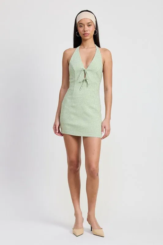 GINGHAM HALTER MINI DRESS