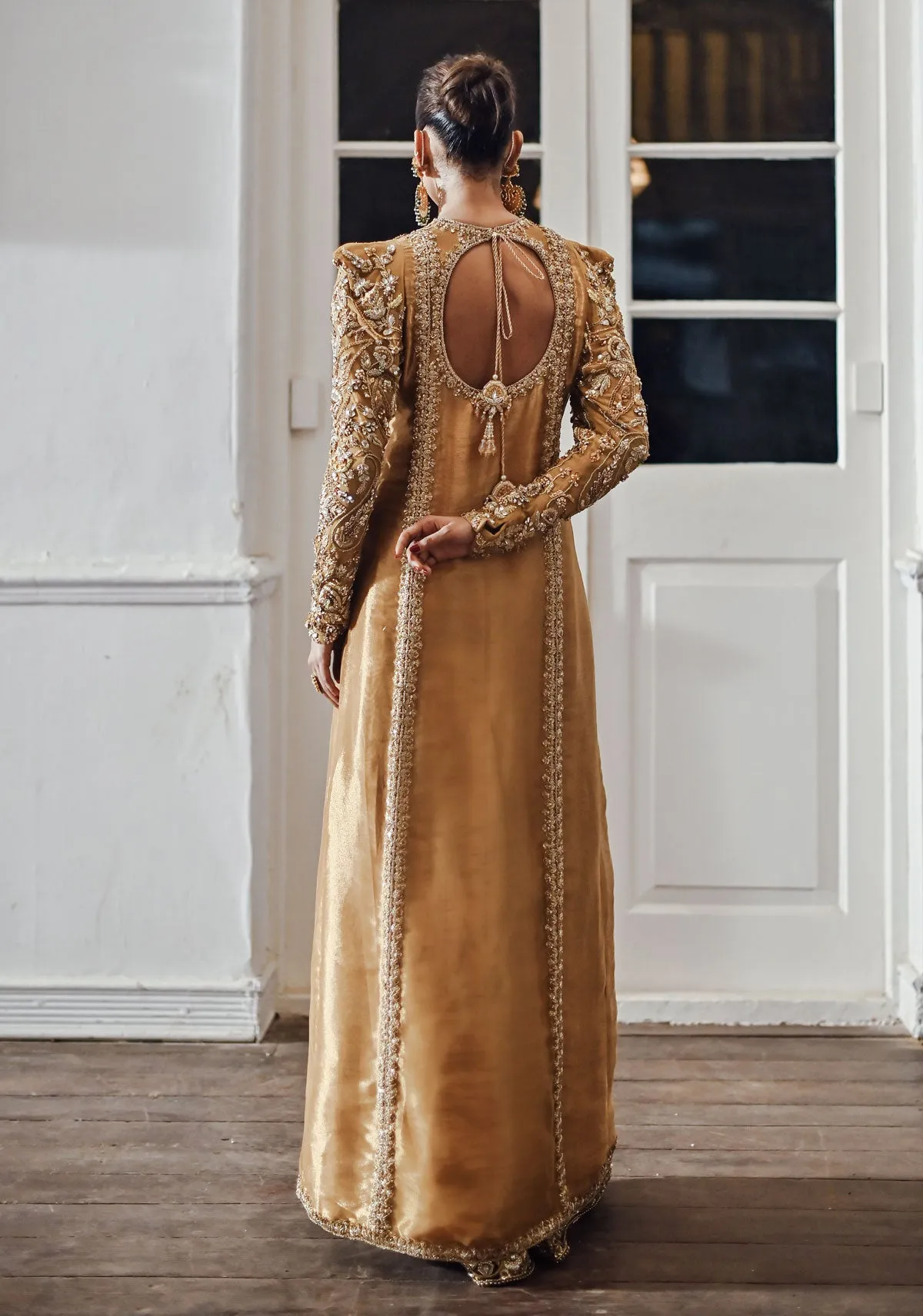 Gold Lamé Long Embellished Kameez with Jamawar Dhaka Pajama