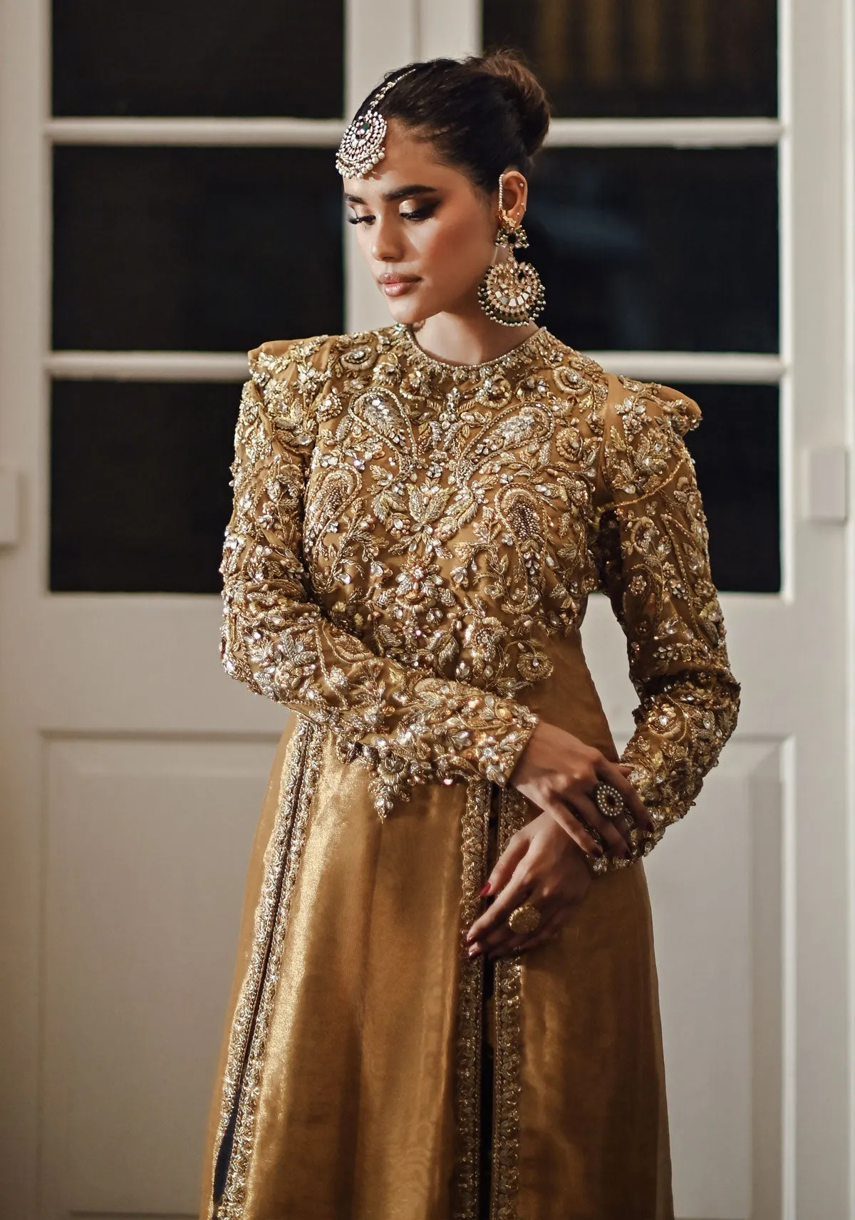 Gold Lamé Long Embellished Kameez with Jamawar Dhaka Pajama