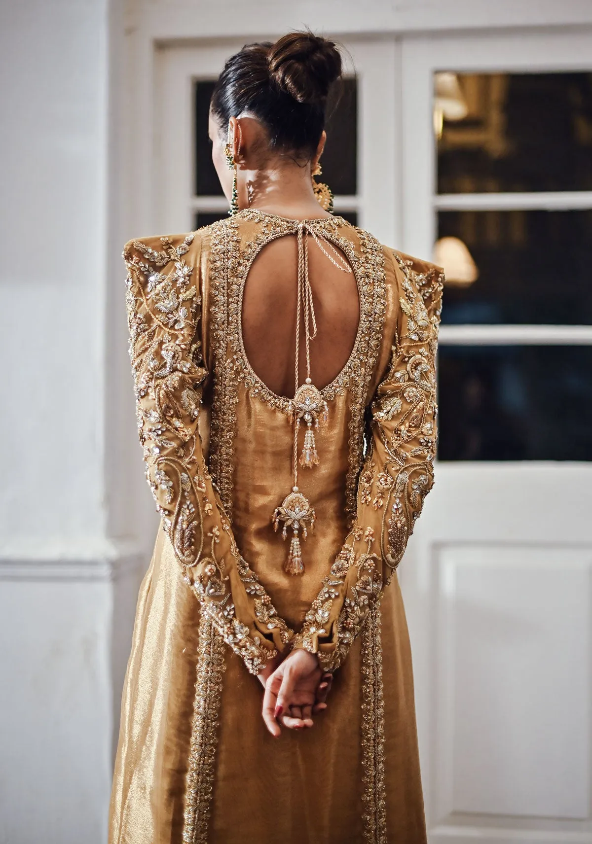 Gold Lamé Long Embellished Kameez with Jamawar Dhaka Pajama