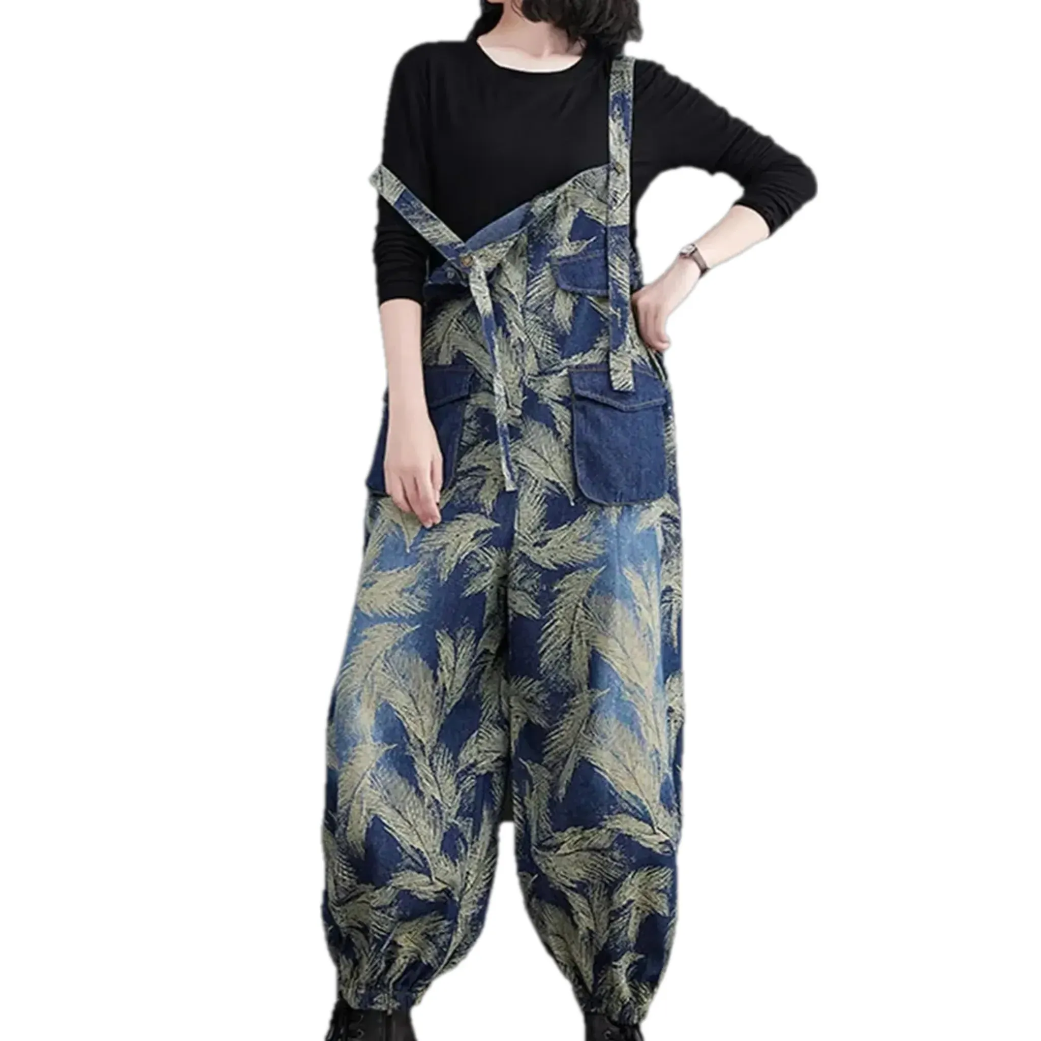 Graphic casual slouchy jean dungaree for women