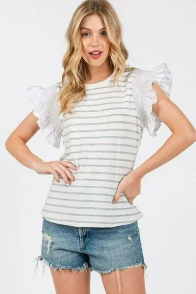 Hazel Blues® |  Ces Femme Contrast Striped Ruffled Cap Sleeve Blouse